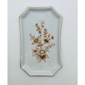 VTG Hollohaza Porcelain Trinket‎ Tray with Brown Flowers & Gold Rim Hungary 4834